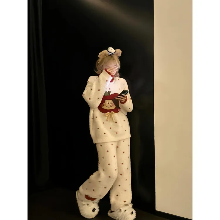 韩版简约卡通苹果针织半边绒睡衣女秋冬季新款加厚保暖家居服套装