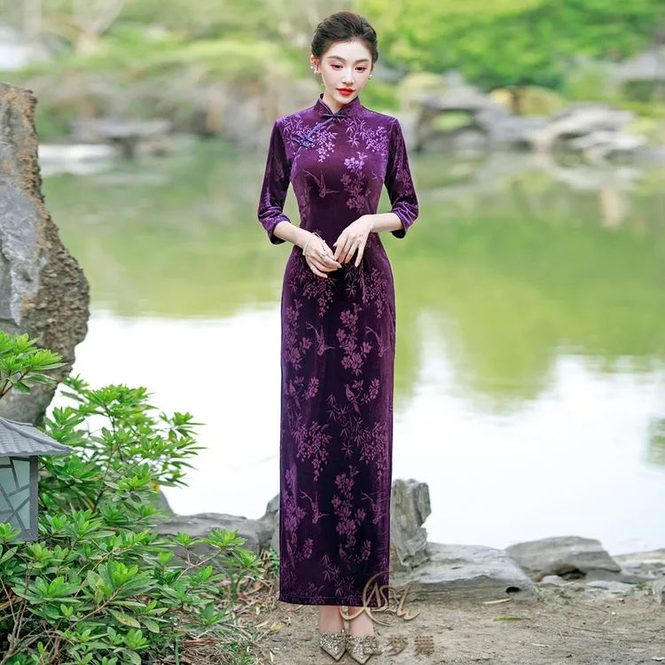 秀色梦舞25新款复古气质新中式旗袍常规款长裙秋冬包臀裙大码