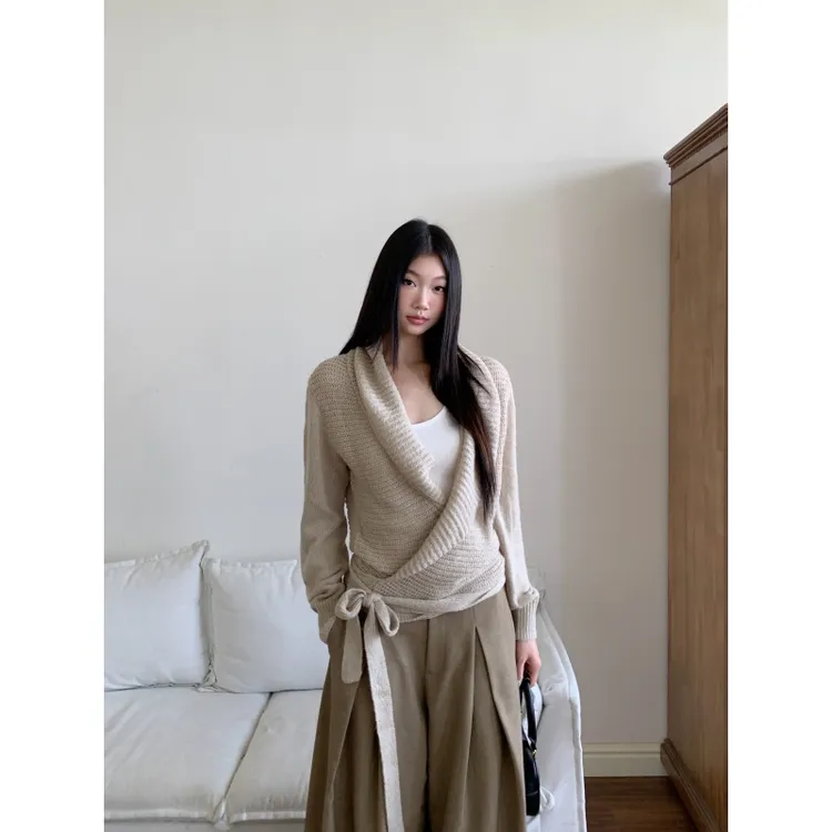 withmin凉皮 栗子茶语 辣妹交叉秋款百搭绑带毛针织衫上衣2524053