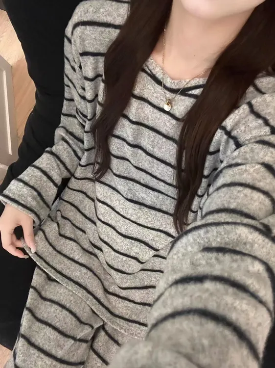 日系德绒甜美条纹睡衣女长袖韩版秋冬简约保暖宽松学生家居服套装