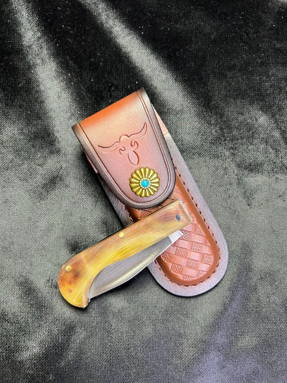 哈萨克小号羊角折叠小刀头层牛皮刀鞘