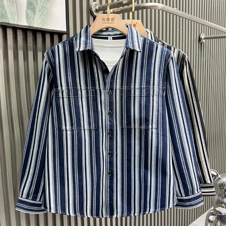 春秋新款潮牌条纹衬衫男宽松轻奢痞帅文艺青年痞帅休闲衬衣男衣服