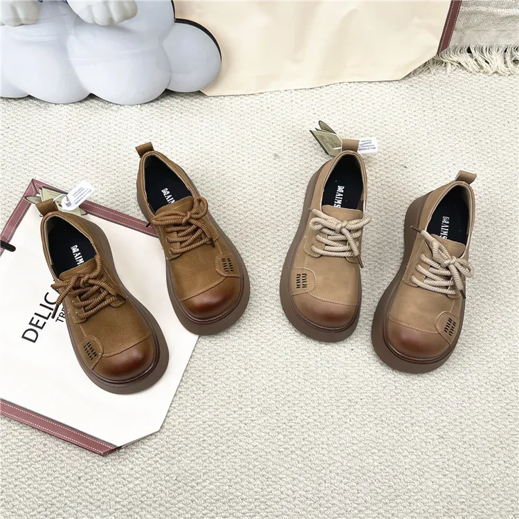 韩版乐福鞋女厚底增高春季系带时尚休闲复古平底小众显脚小单鞋