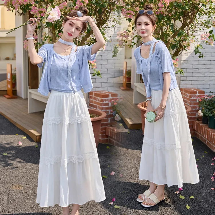 韩系穿搭洋气减龄休闲针织开衫吊带半身裙三件套套装2025夏季爆款