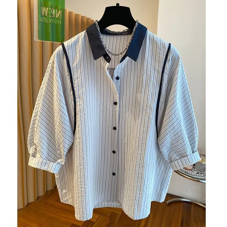 条纹短袖衬衫女夏季2025新款宽松休闲洋气薄款小衫五分泡泡袖上衣