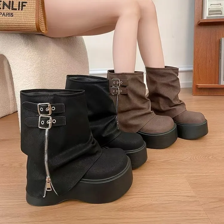 【红姐女鞋】小个子厚底增高裤管靴2025新款秋冬美拉德百搭骑士靴