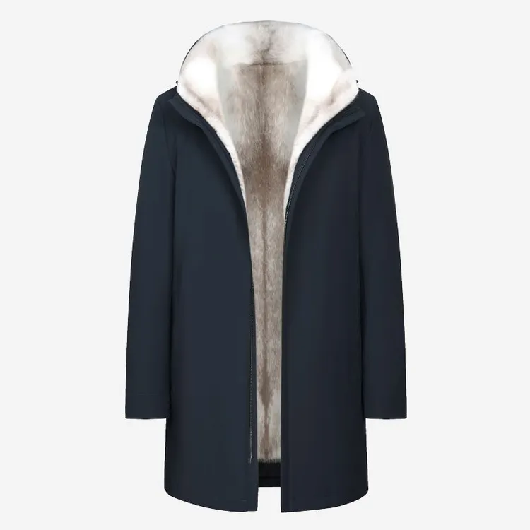 冬季外套男中长款加厚保暖十字貂环保水貂内胆派克服连帽皮草大衣