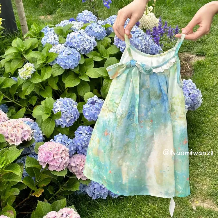 丸子十【薄荷曼波】韩版洋气扎染风吊带连衣裙（夏款）WZJ-52247