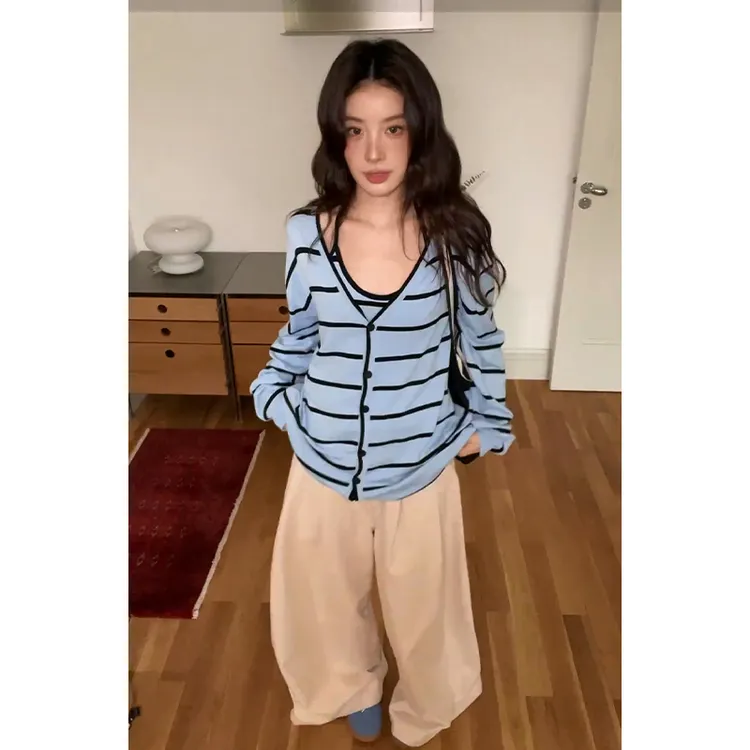 2025早秋新款韩系穿搭修身V领条纹长袖开衫吊带背心高腰阔腿长裤