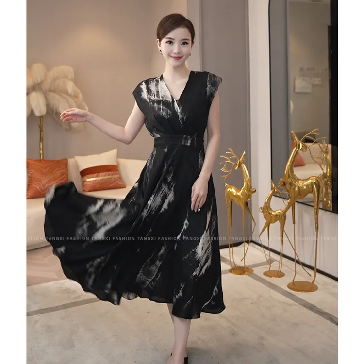 现货2026年夏季新款【7213】轻奢高级感水墨晕染黑色短袖连衣裙子