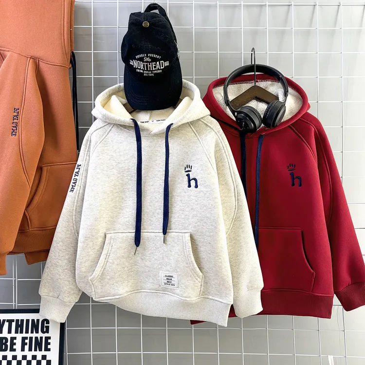 男童连帽卫衣冬款加绒加厚款男孩上衣中大童学生儿童帅气打底衫1