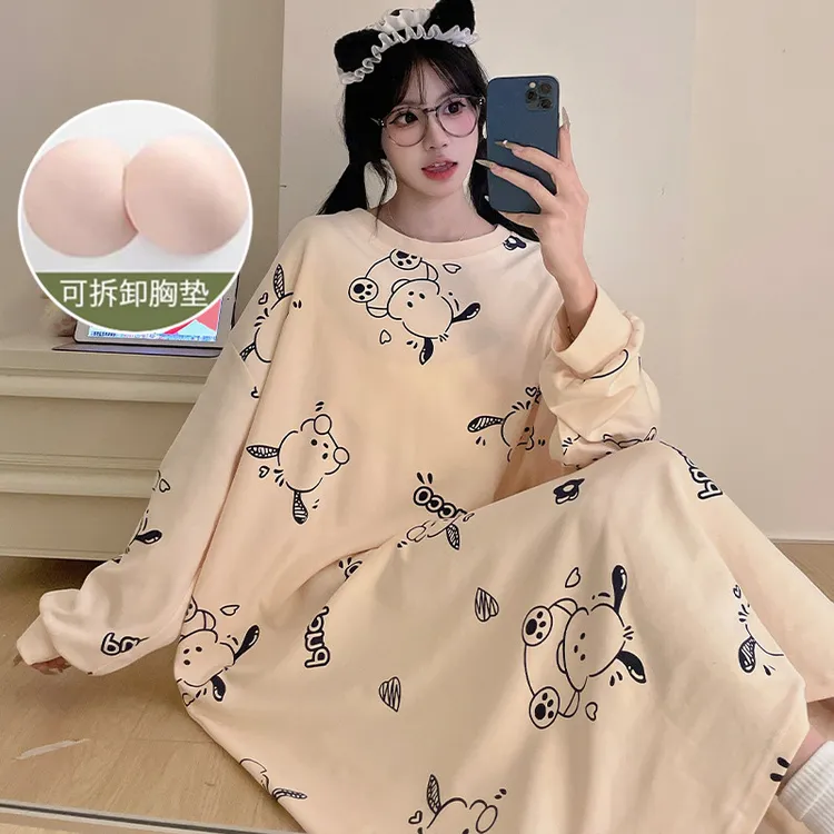 宽松长袖睡裙女春秋季纯棉睡衣韩版大码帕恰可爱卡通家居服连衣裙