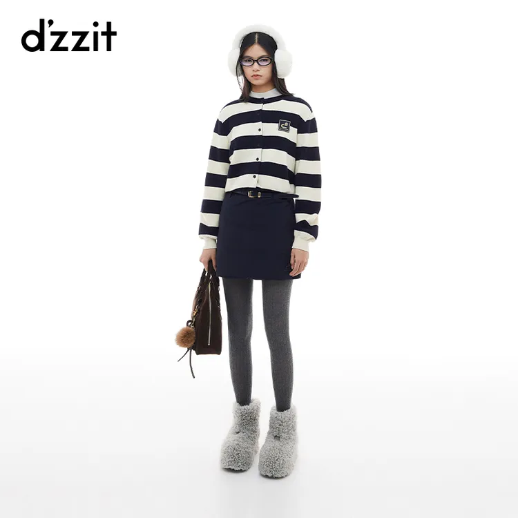 dzzit地素针织衫复古学院风金葱绣标条纹开衫女3I4E537