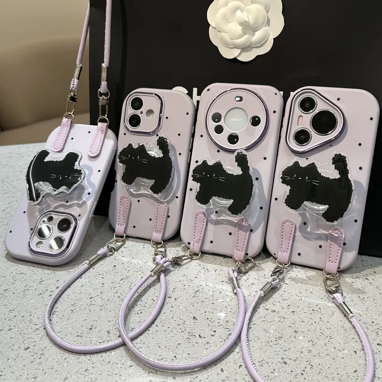 波点黑猫支架挂绳适用苹果17/16精孔胖子手机壳华为vivo小米oppo