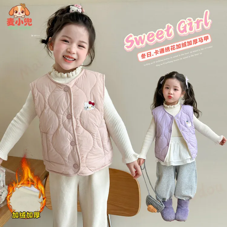 2025新款冬季加厚绒可爱卡通刺绣女童百搭轻便保暖圆领纽扣马甲儿