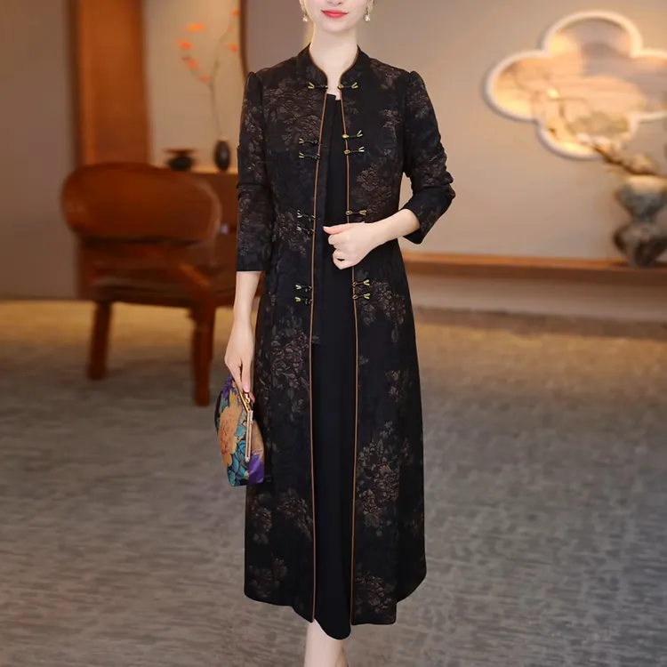 高端琉璃精纺两件套连衣裙2025年秋季新款新中式风衣外套裙子套装