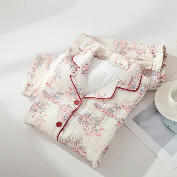 轻奢A类全棉四层纱布睡衣女加厚保暖包边纯棉秋冬长袖家居服套装