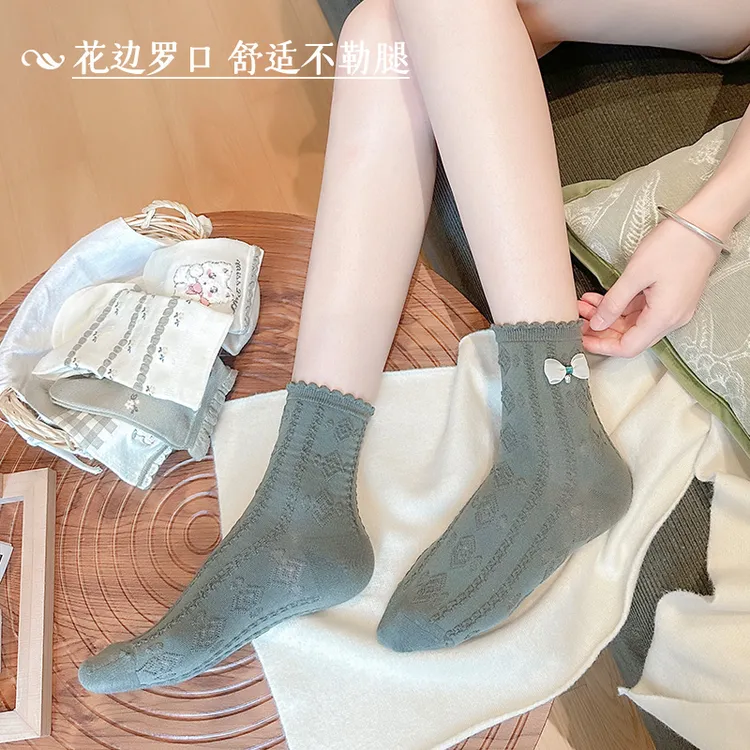 蝴蝶结袜子女miu花边堆堆袜森系浮雕精梳棉女袜甜美早秋款中筒袜