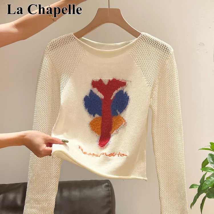 拉夏贝尔秋季圆领刺绣镂空设计感上衣新款长袖打底衫毛衣针织衫女