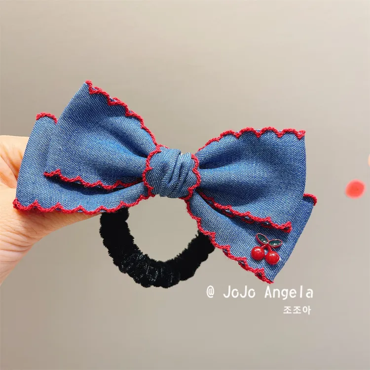 儿童发饰女童牛仔布艺樱桃蝴蝶结发圈女童马尾辫发绳宝宝发夹头饰