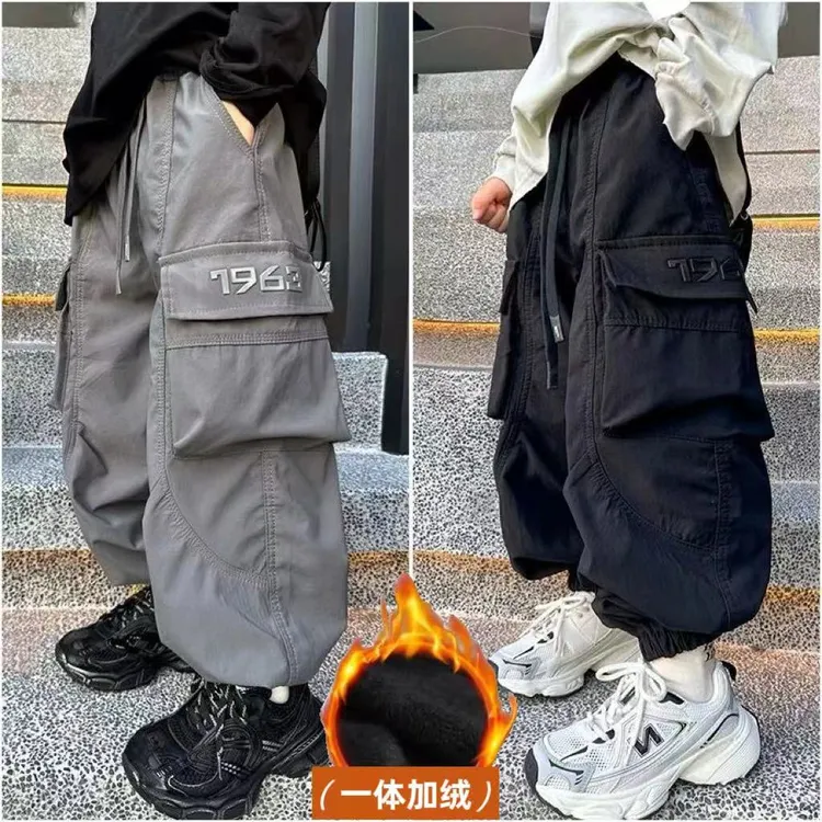 男童工装裤冬季新款中大童一体绒裤子宽松儿童长裤韩版加绒休闲裤