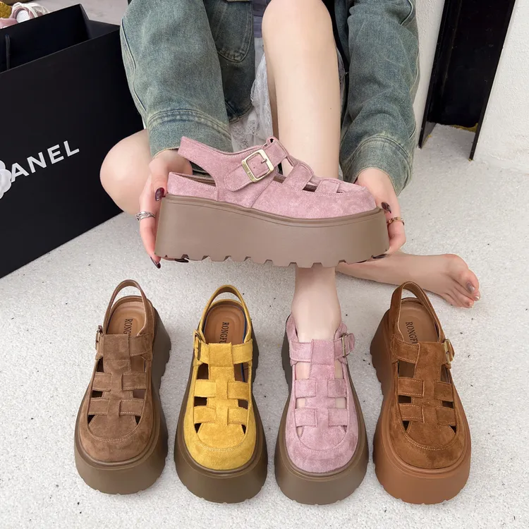 增高7CM女鞋2025夏季新款复古勃肯百搭小个子厚底休闲透气凉鞋女