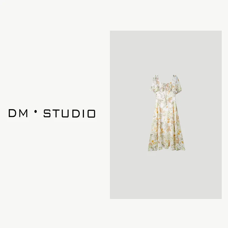 -DM•STUDIO/度假风气质腰果花藤蔓方领系绳短袖连衣裙(F0012)
