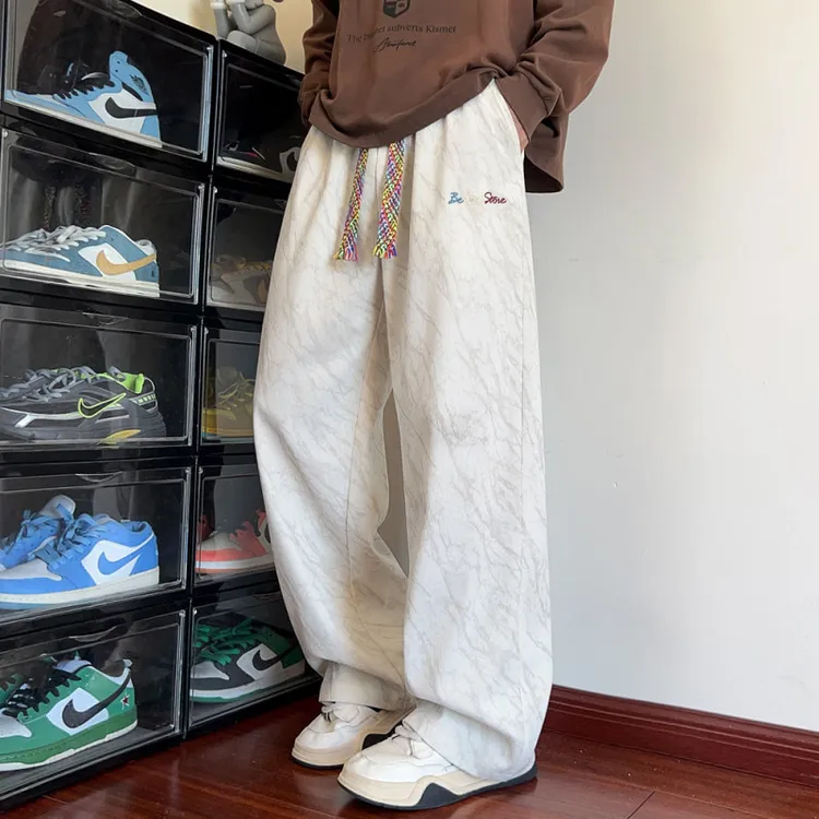 美式扎染刺绣休闲裤子男春秋运动宽松阔腿裤潮流重磅垂感直筒长裤