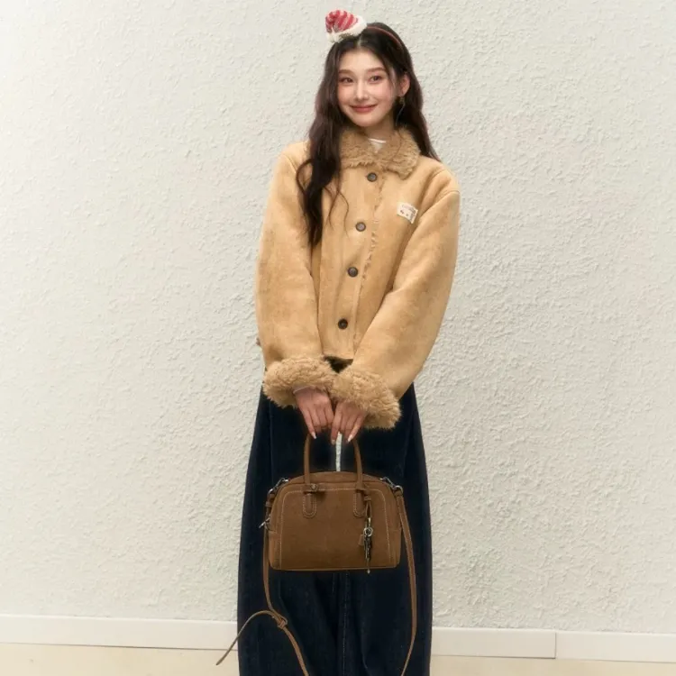 ELEVEM SLEAP秋冬皮毛一体外套女韩系通勤麂皮绒保暖加厚短款上衣