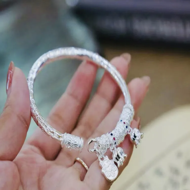 足银手镯 纯银手镯镯子手工时尚可爱可调节经典精美实心纯银999