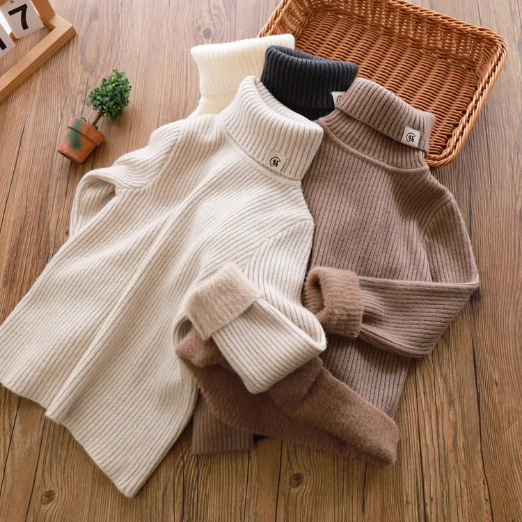 儿童冬装一体加绒加厚高领毛衣简约中大童男女童内搭针织衫      