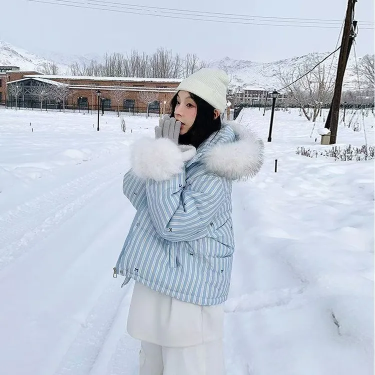 短款面包服蝴蝶结韩版宽松棉服毛领连帽外套