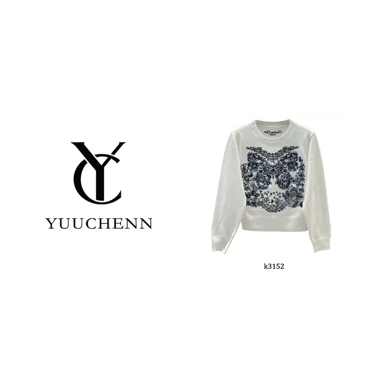 YUUCHENN 秋冬圆领休闲年轻时尚重工刺绣白色套头毛衣 k3152