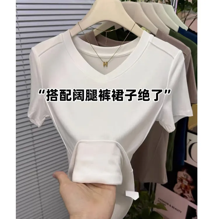 【高品质】白色V领鱼骨正肩短袖T恤夏修身设计感打底衫内搭显瘦上衣