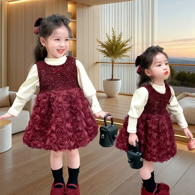 女童小香风套装冬季洋气女宝宝2024新款秋冬装小女孩新年装两件套