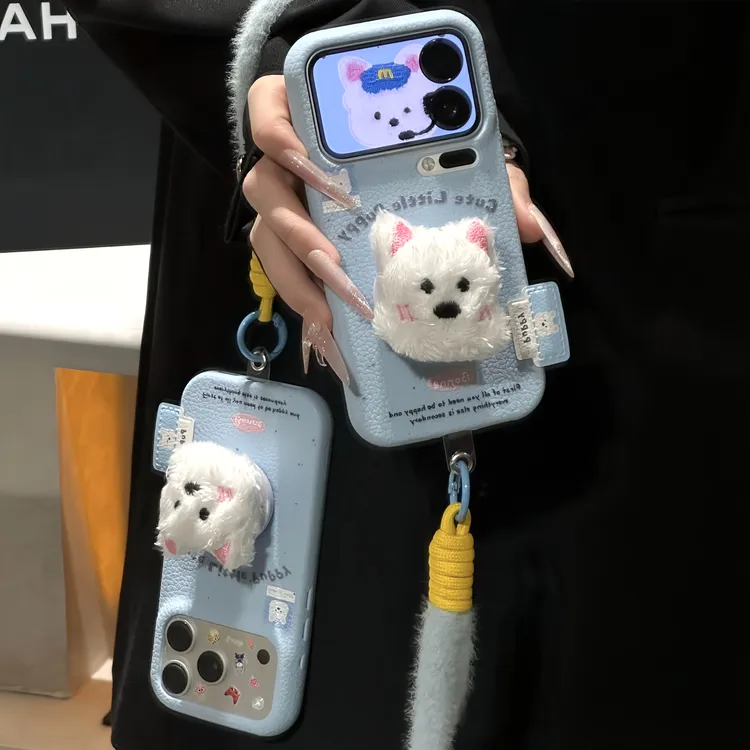 毛绒小狗支架挂绳适用苹果17/16promax手机壳华为80vivoppo小米15