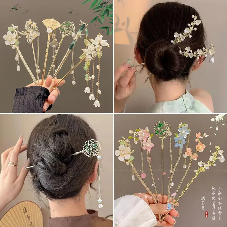 中国风饰品古风高级发簪子新中式木质盘发汉服步摇合金发钗子头饰