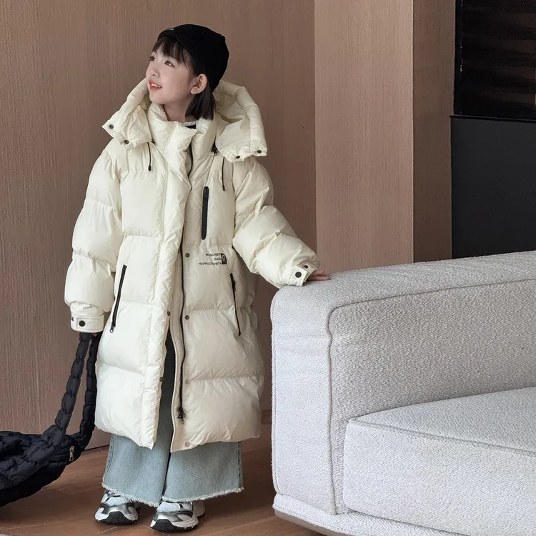 朵妈长款儿童羽绒服韩版男童女童中大童加厚连帽白鸭绒童装外套潮
