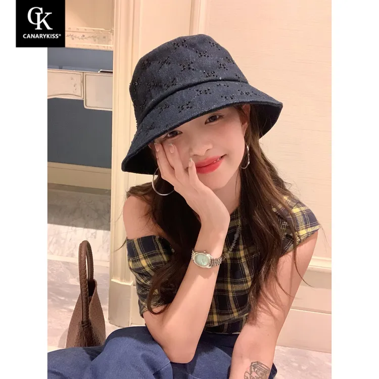 CanaryKiss亮片深色牛仔渔夫帽女秋季显脸小遮阳防晒帽子气质盆帽