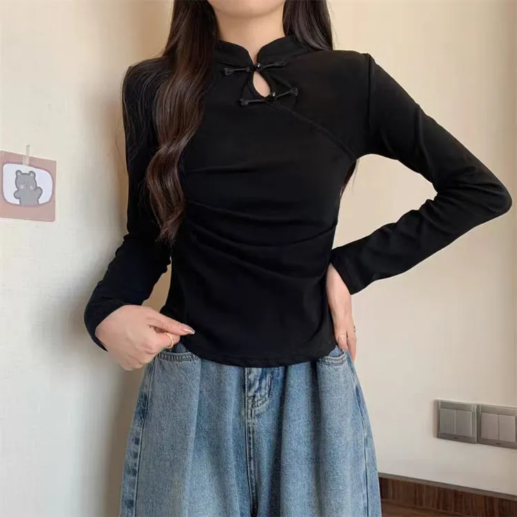 新中式盘扣设计长袖T恤女秋季新款高级感气质修身显瘦内搭打底衫
