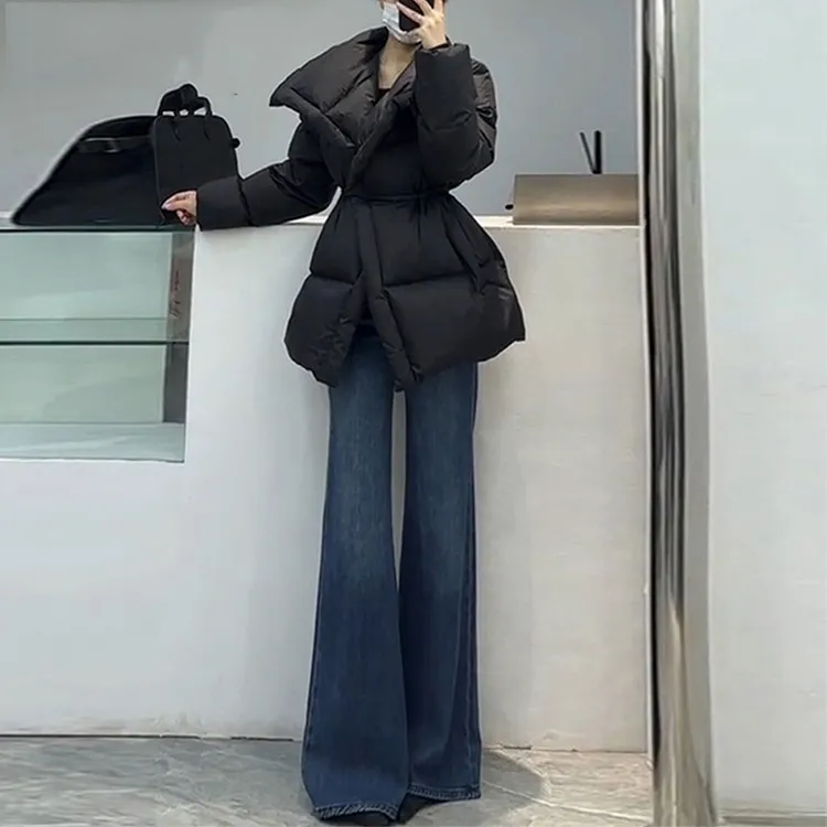 不贴腿加绒微喇牛仔裤女秋冬深蓝色高腰弹力修身显瘦小个子喇叭裤