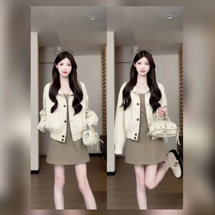 松本丧丧韩系设计感撞色翻领外套套装裙减龄两件套百搭B253O0024