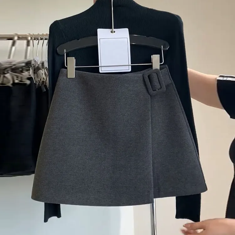 不规则开叉毛呢半身裙女冬季新款高腰显瘦A字设计感气质灰色短裙