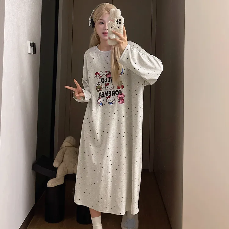 浅灰色睡衣睡裙女春秋季灰色卡通可爱简约波点宽松连衣裙家居服