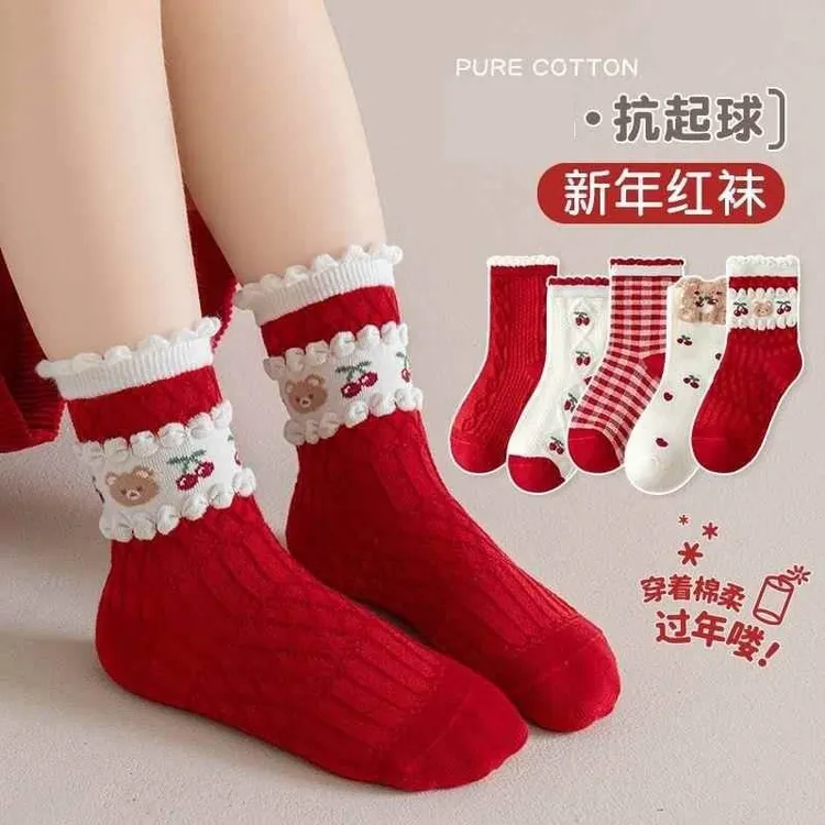 女童红色袜子秋冬款韩版小女孩过年新年宝宝中筒袜保暖学生棉a类
