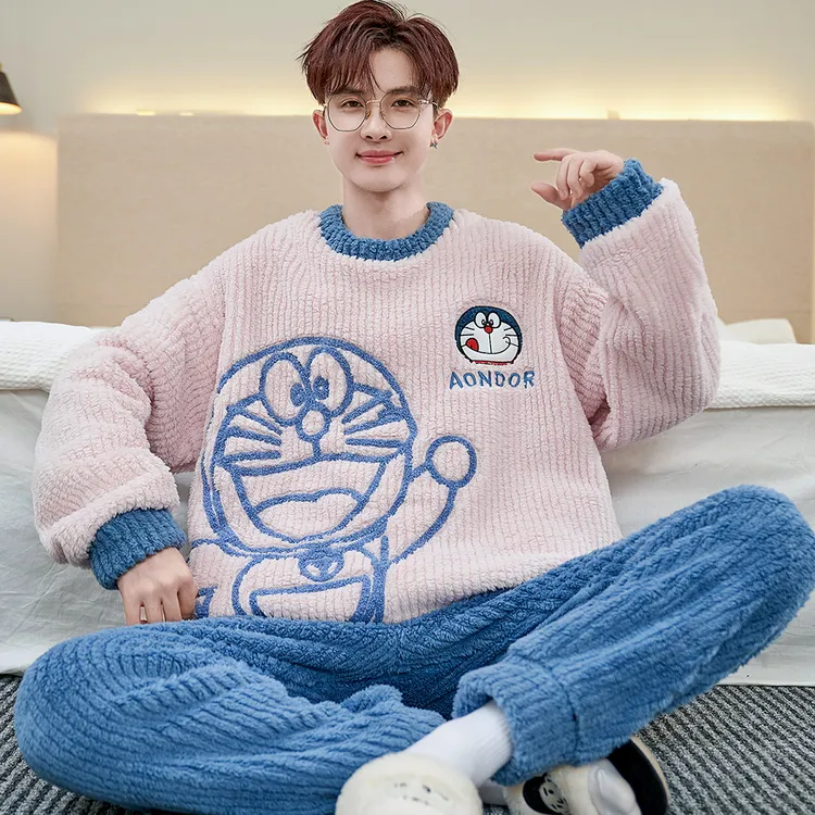 男士睡衣加厚加绒法兰绒卡通加大码300斤珊瑚绒秋冬季套装家居服2