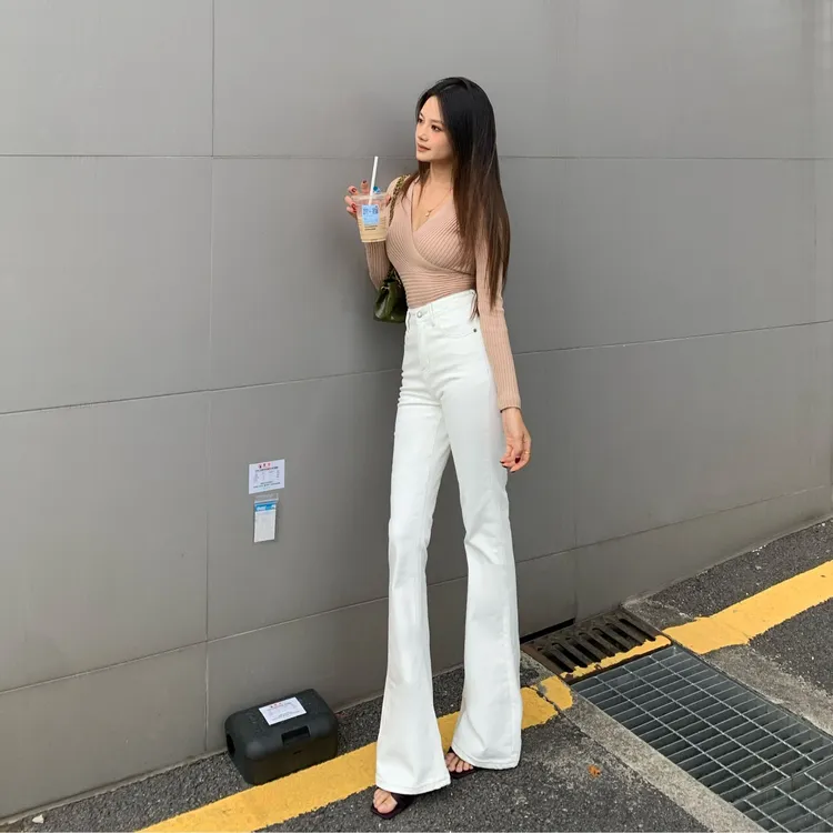 裤长110cm起 加绒白色高个子女生明线新款喇叭牛仔裤冬秋季休闲