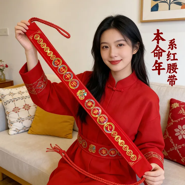 2026红腰带新年本命年红色喜庆腰缠万贯可装钱腰封红腰带喜庆好运