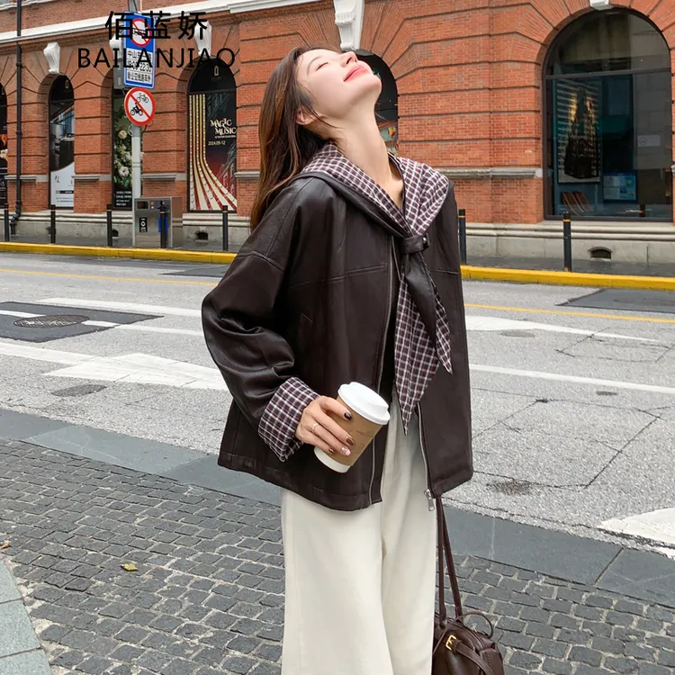 复古格子拼接连帽皮衣外套女2025秋新款设计感宽松短款机车服夹克