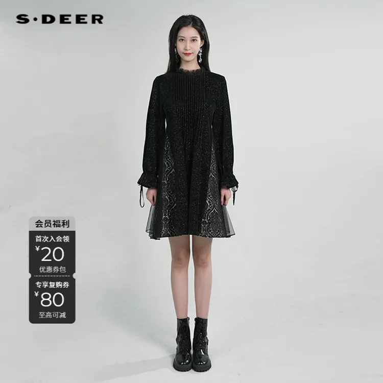 S·DEER圣迪奥女装秋冬季黑色设计感休闲百搭宽松连衣裙S234Z12C6